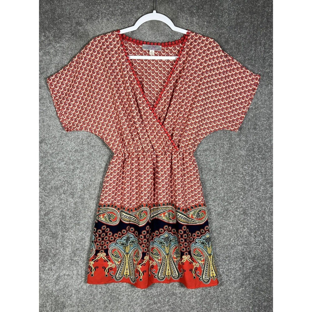 Myan Crossover V-Neck Mini Dress Womens Small Abstract Paisley Short Sleeve USA‎